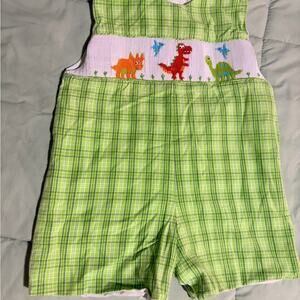Cukees 12M Green Plaid Smocked Dinosaur Jon Jon
